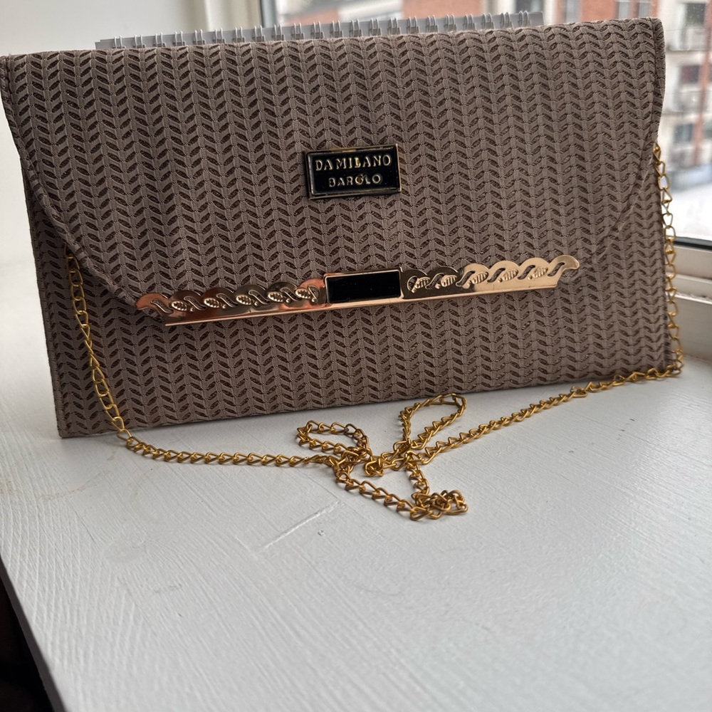 Milano Brown and Gold Textured Clutch with Chain
